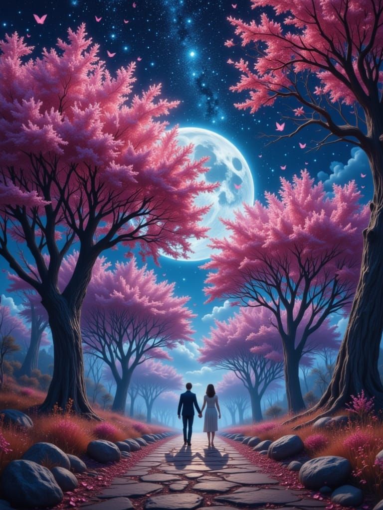 Couple's Starlit Eden: Majestic Bloom-Lined Path