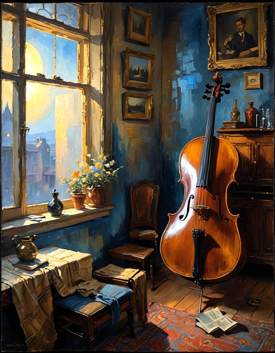 Old room window cello oil painting by James Gurney abstract art