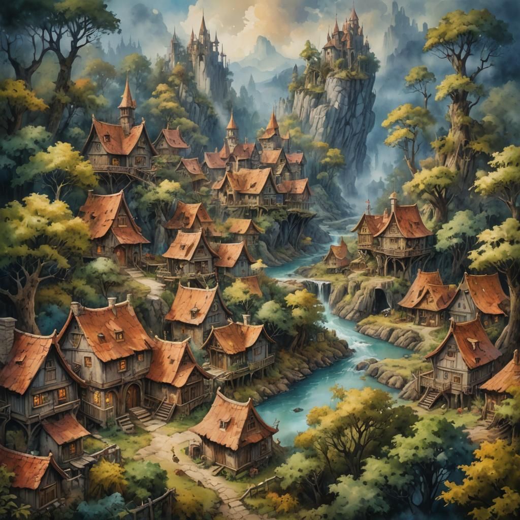 Still drying Watercolor painting on canvas of a fantasy vill...