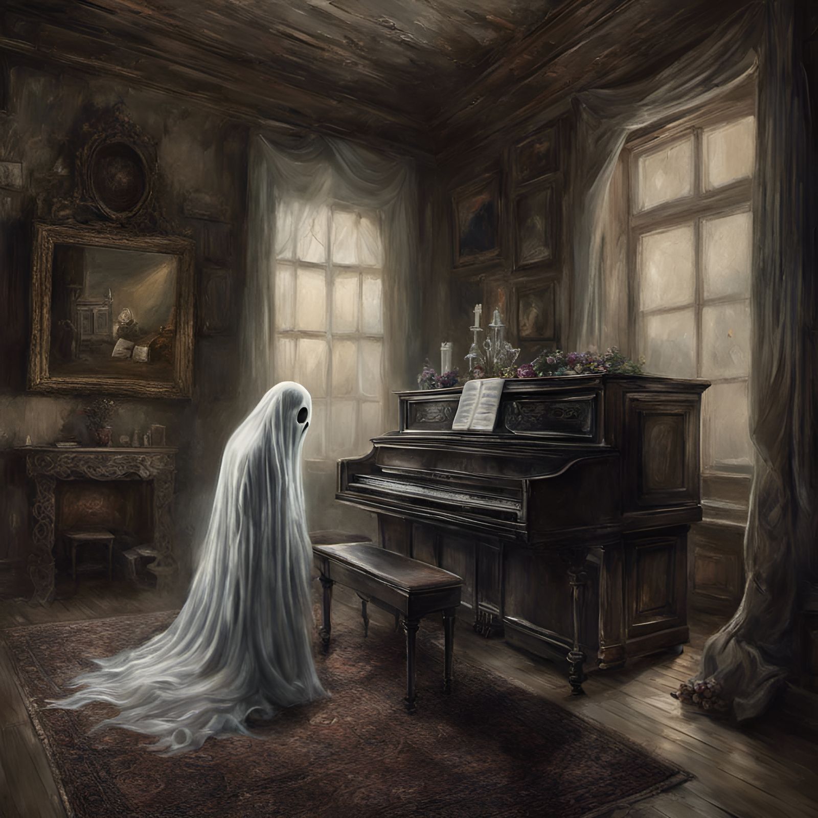 Vintage oil painting of a ghost sitting at a piano inside a haunted ...