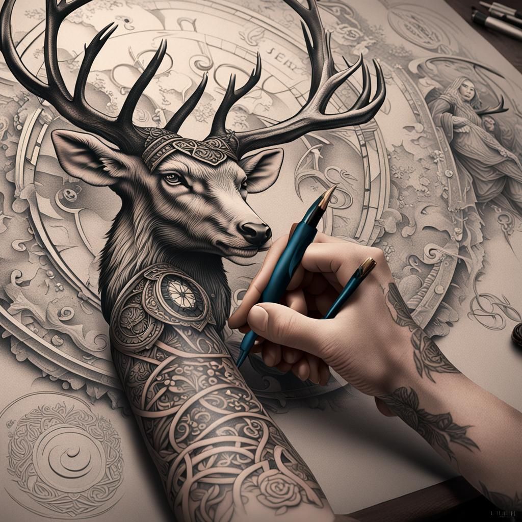 Linear deer tattoo on the chest - Tattoogrid.net