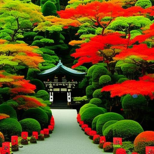 Shinto temple set amidst a grove of brilliantly-coloured vin...