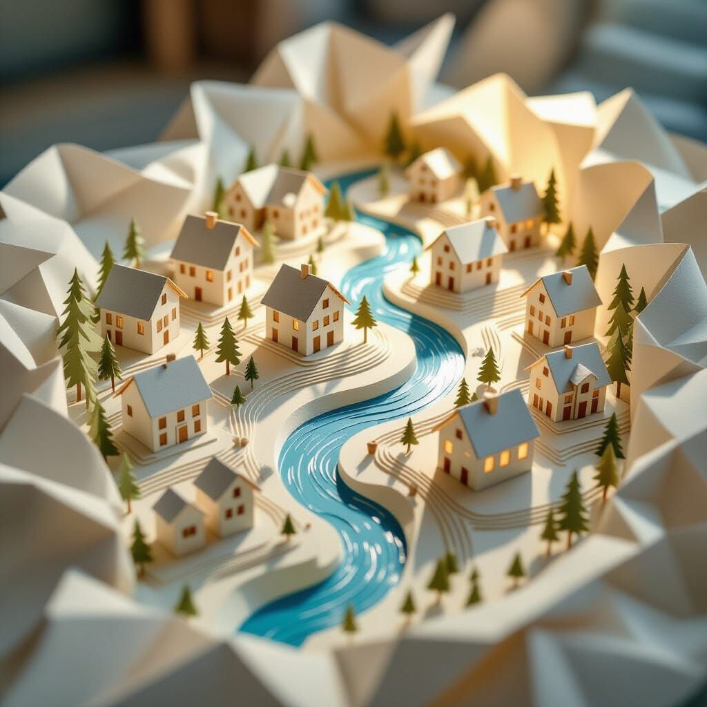 Intricate Paper Village Folded on Sheet