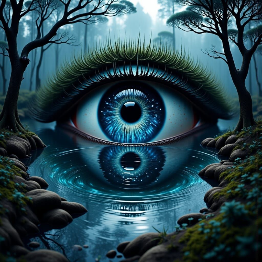 <lora:Fantasy eyes Flux:1.0> surreal eyes coulpe over a dark lake, water reflections, water drops in the fog