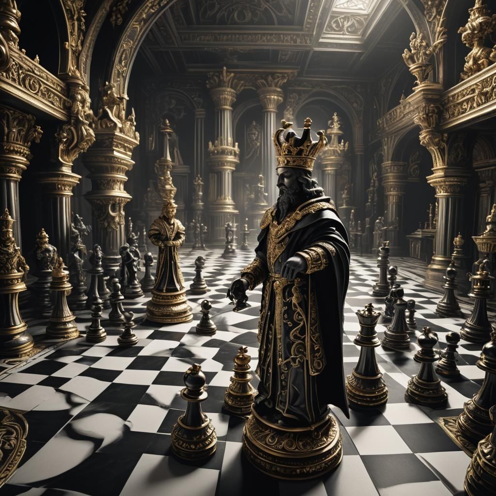 Chess Kings on Ornate Board in Baroque Style