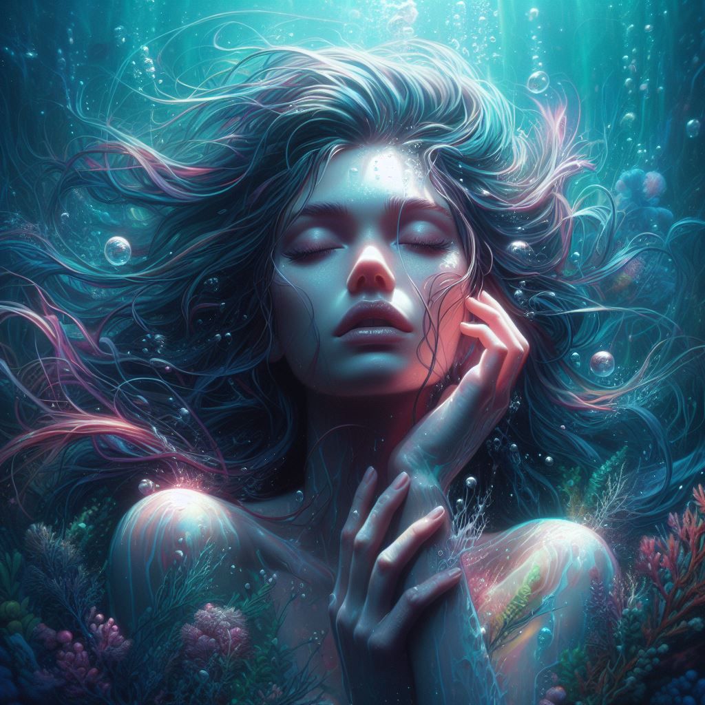 An underwater painting of a woman with her eyes closed