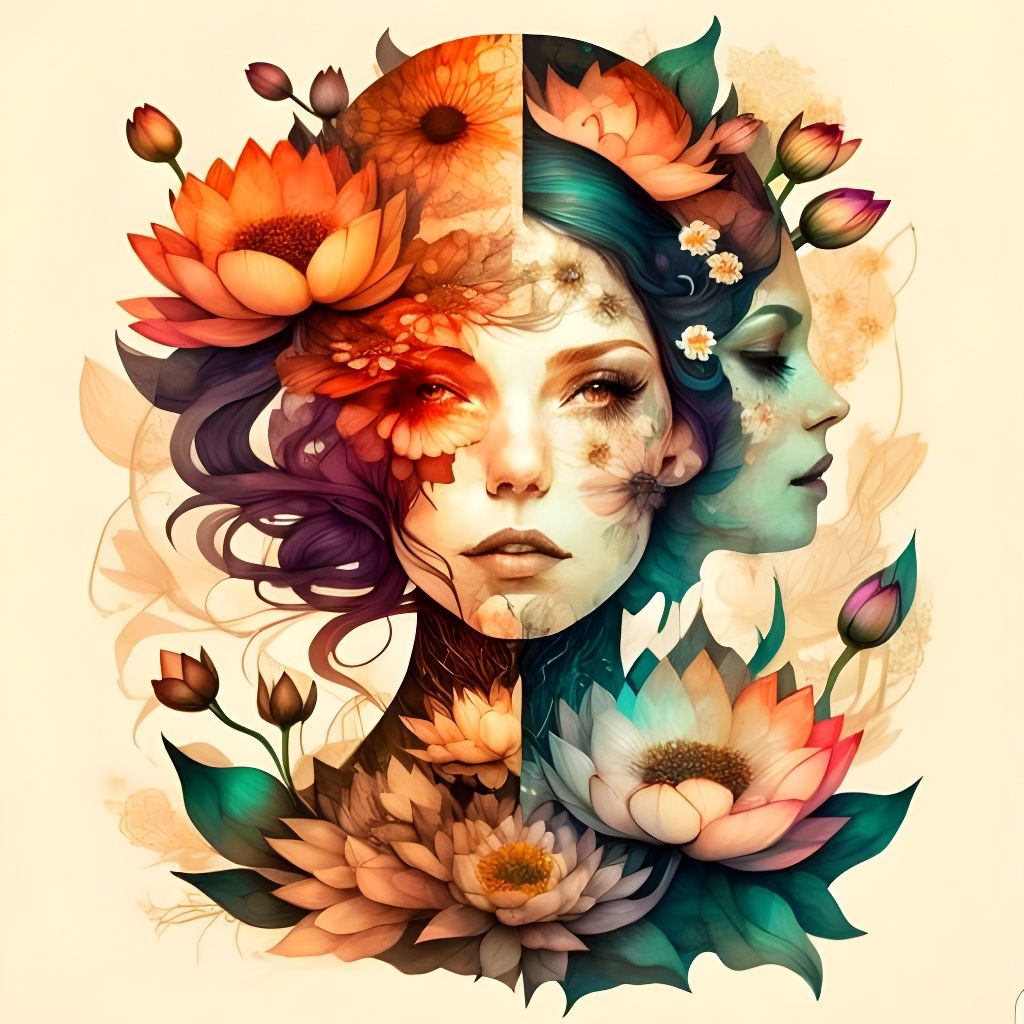 double exposur watercolor painting of woman with flowers in her hairs