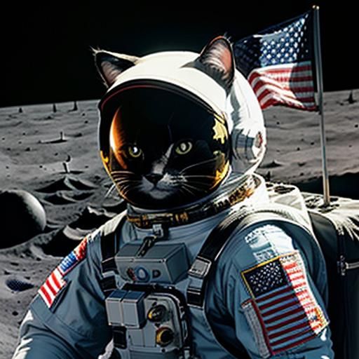 A cat astronaut in a spacesuit on the moon, with a flag that...