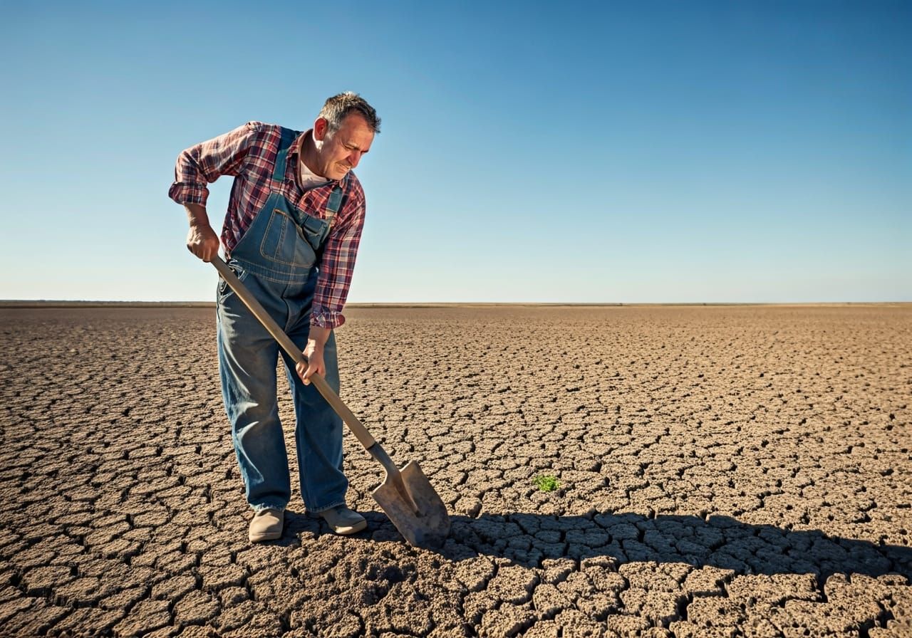 Desolate Farmer Digs Under Scorching Sun: Photorealistic Art