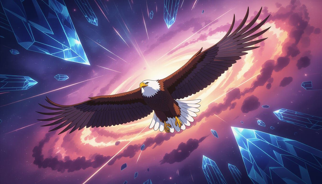 A majestic eagle soaring through a nebula of swirling cosmic dust and crystalline structures. The scene is rendered with the vibrant, satura...