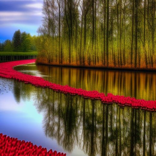 tulips on the edge of a river with reflections and tall tree...