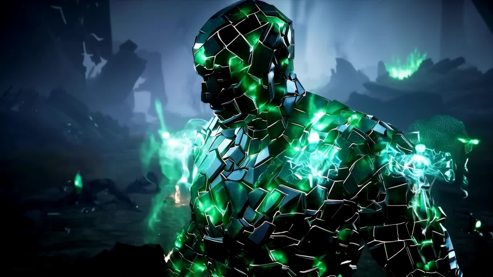 Slow pan across the figure, glowing pulsations in the runes, spectral mist rising from the battlefield. A dynamic, high-...