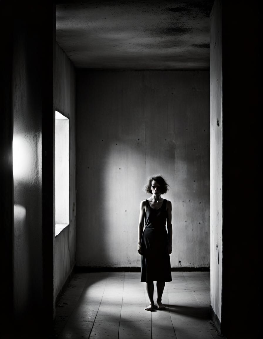 a woman inside of a Darkness Visiblemonochromatic fluxus brutalism ...