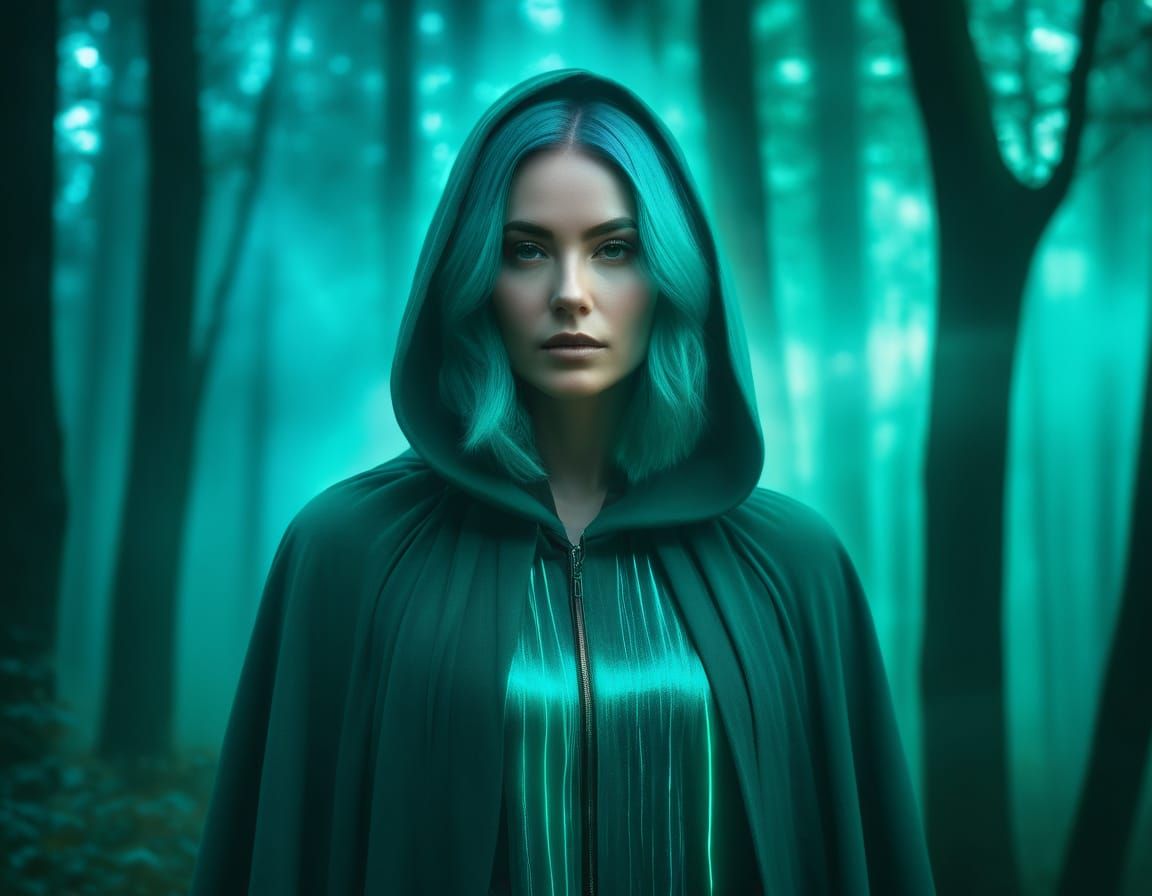 Double Exposure Teal-Haired Woman in Misty Forest