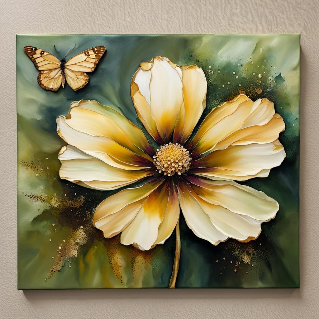 Flower with Butterfly on Oil Canvas