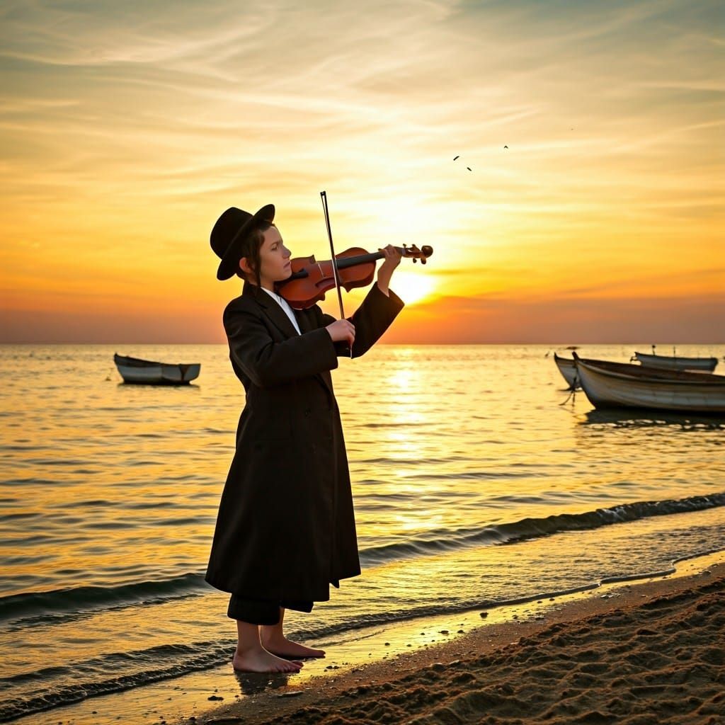 Young Hasidic Boy Plays Violin on Beach at Sunset