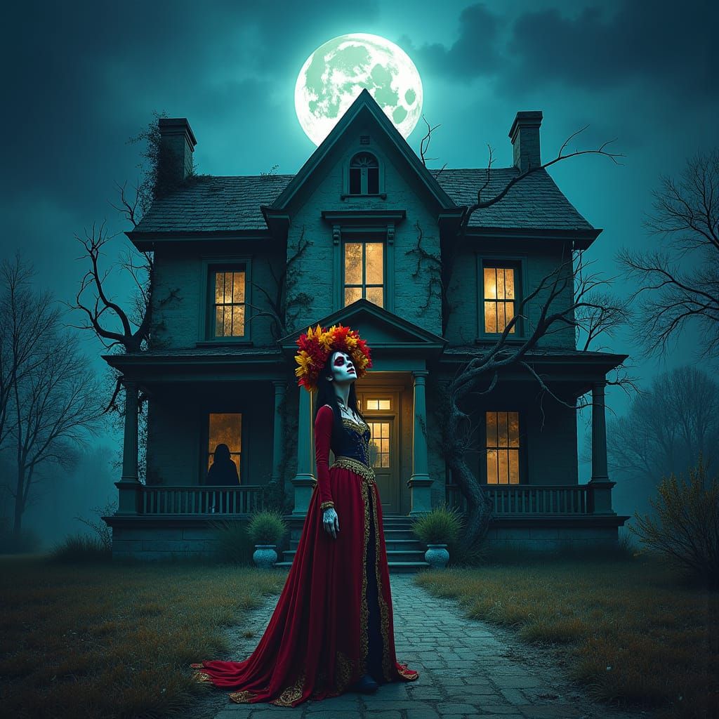 Mystical Woman at Haunted Mansion, Matte Painting Style