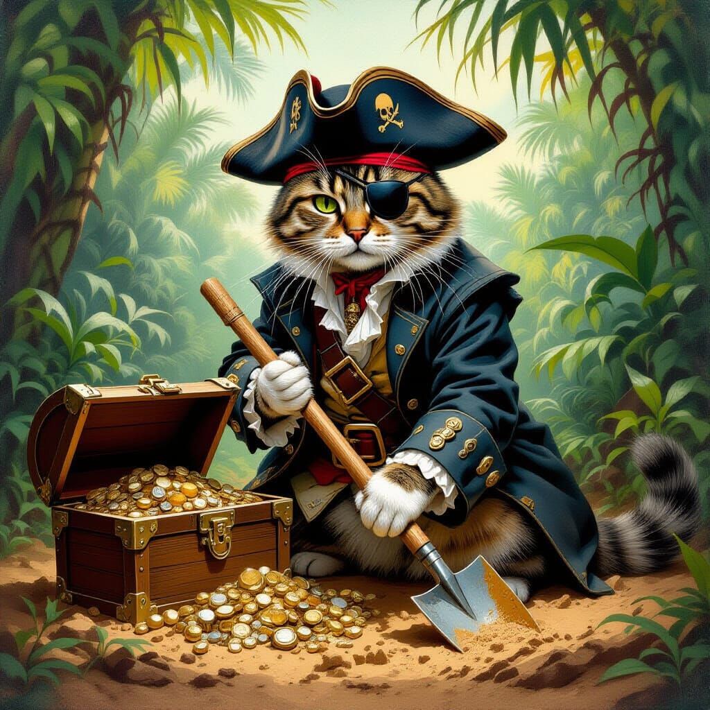18th-century Rembrandt-style oil painting of a regal Tabby cat dressed as a pirate captain, wearing a ...  by @Tomazi