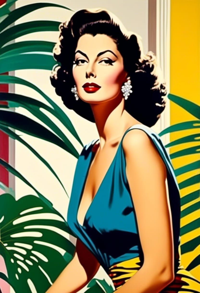 Ava Gardner 1950s fashionable woman pop art style abstract portrait wearing Balenciaga dress on veranda with tropical exotic background cine...