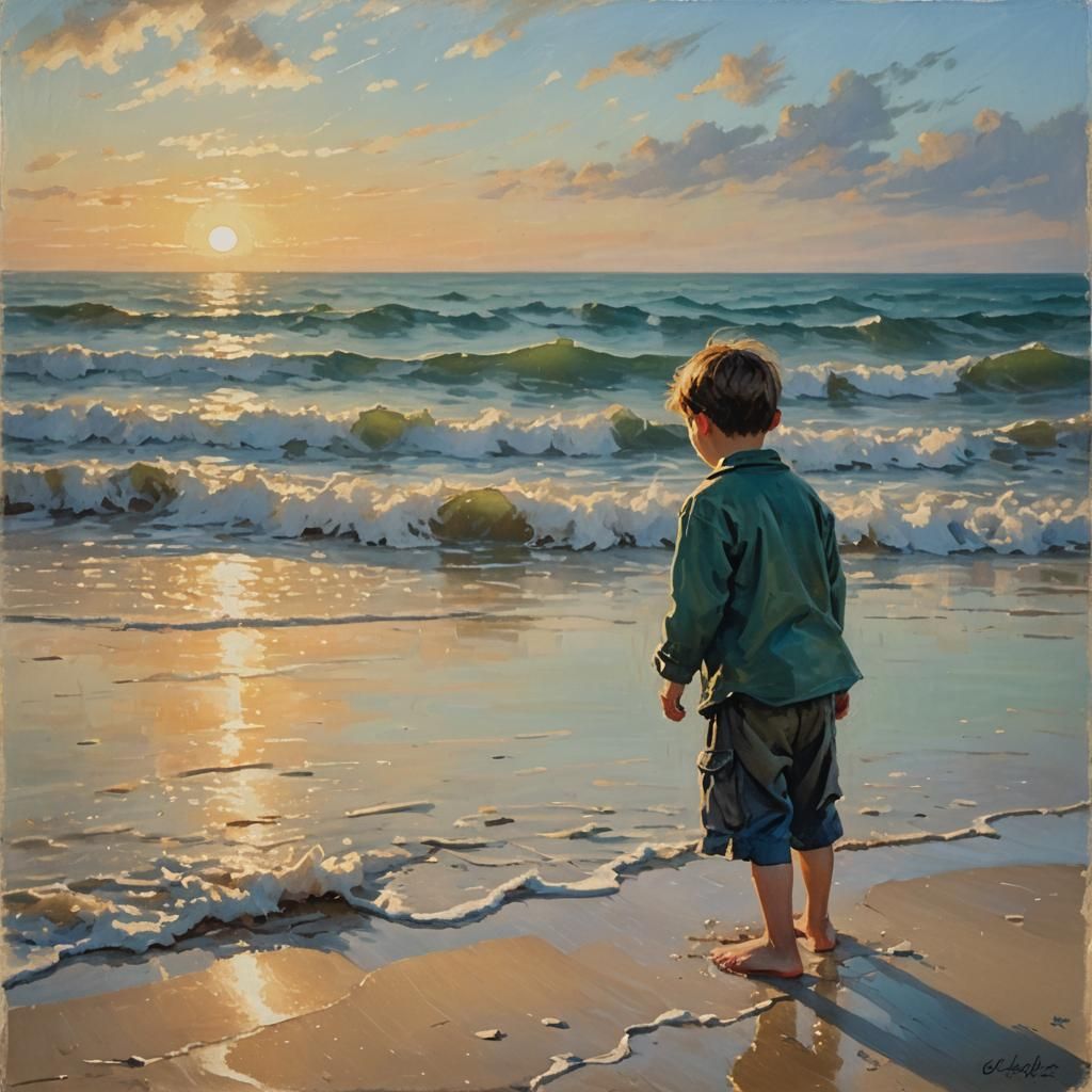 Child Crying on Beach in Romanticist Style