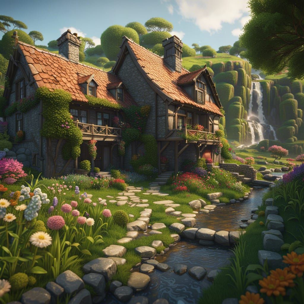 Waterfall quaint cottages green fields, flowers, cobblestone, intricate detail, splash screen, complementary ...  by @Green Cat