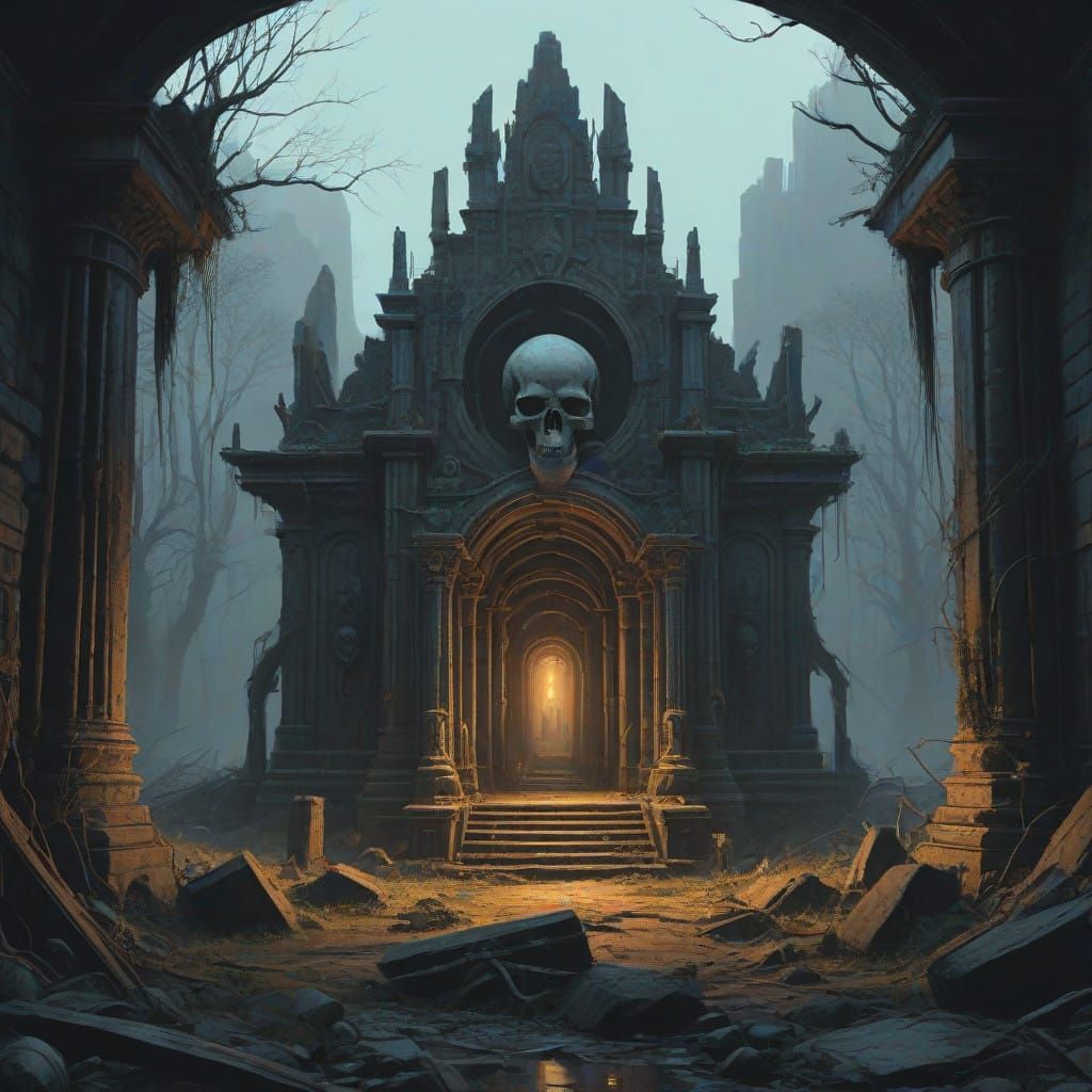 Abandoned Temple Ruins in Golden Candlelight