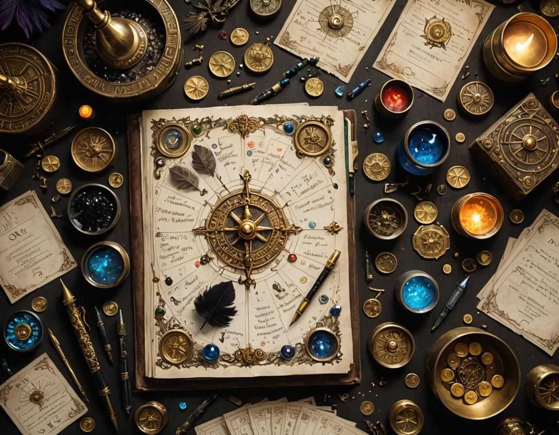 fantasy, medieval, top down view of a desk with ink wells wi...