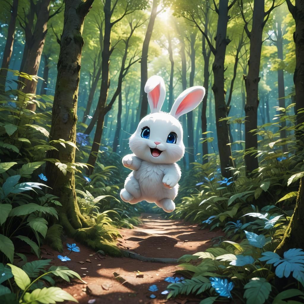 Adorable White Bunny in Vibrant Forest, 3D Anime Art