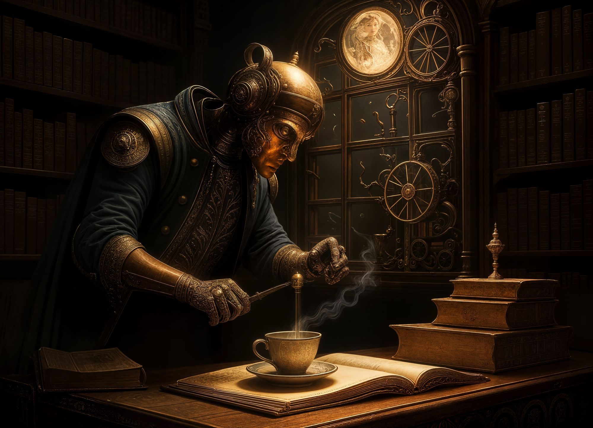 A Victorian-era automaton serving coffee in a dimly lit, ornate library. Bookshelves filled with ancient tomes line the walls, and a single ...