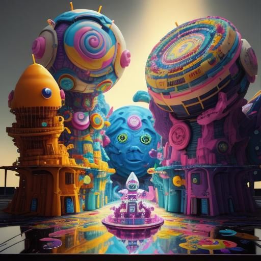 Scene from a scifi movie called "I have no mouth, and I must scream". Candy art style! Whimsical playful colorful! candy!!! 🍬🍭 Candyland a...