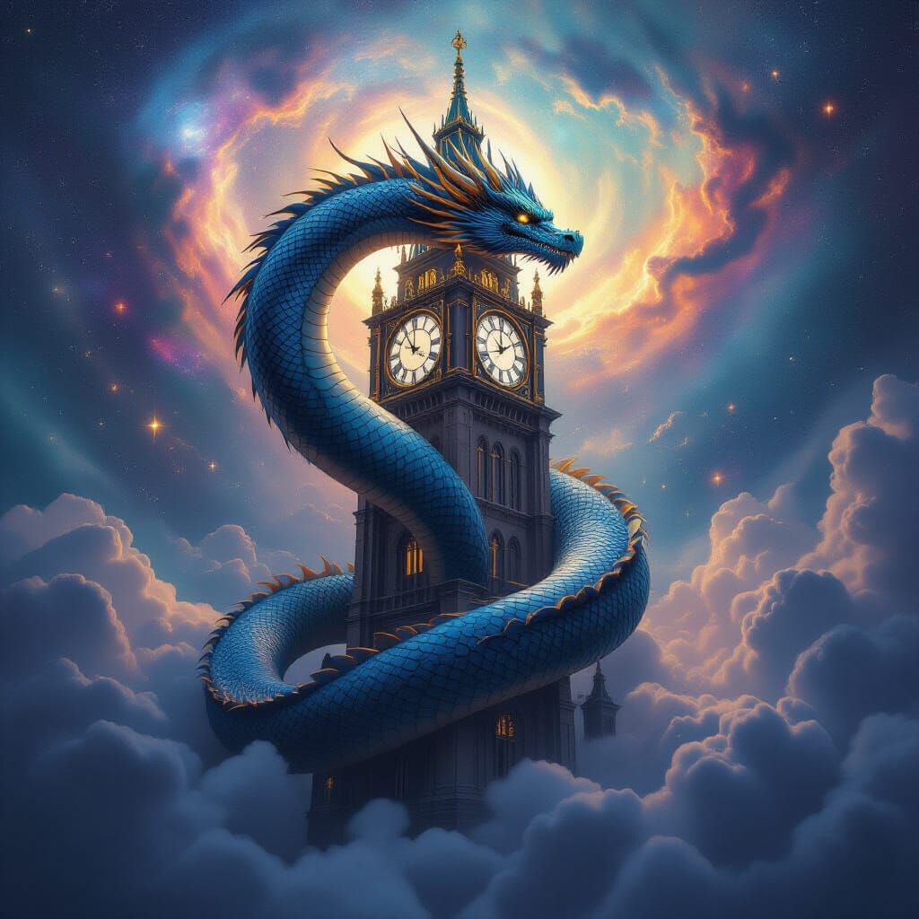 Surrealism. Wide angle lens. A colossal, ancient dragon coiled around a celestial clock tower that pierces a sky filled with swirling galaxi...