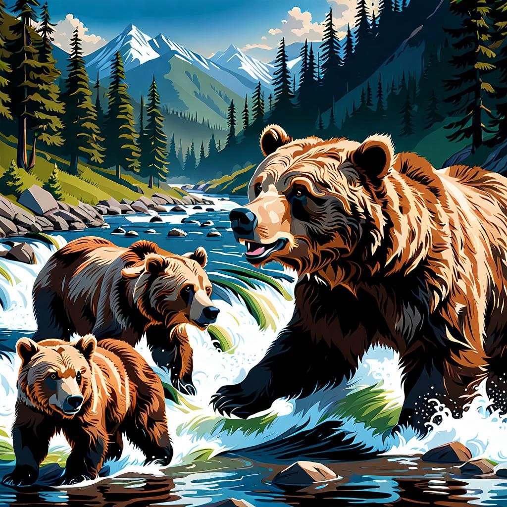 Grizzly family fishing 🎣🐻 - AI Generated Artwork - NightCafe Creator