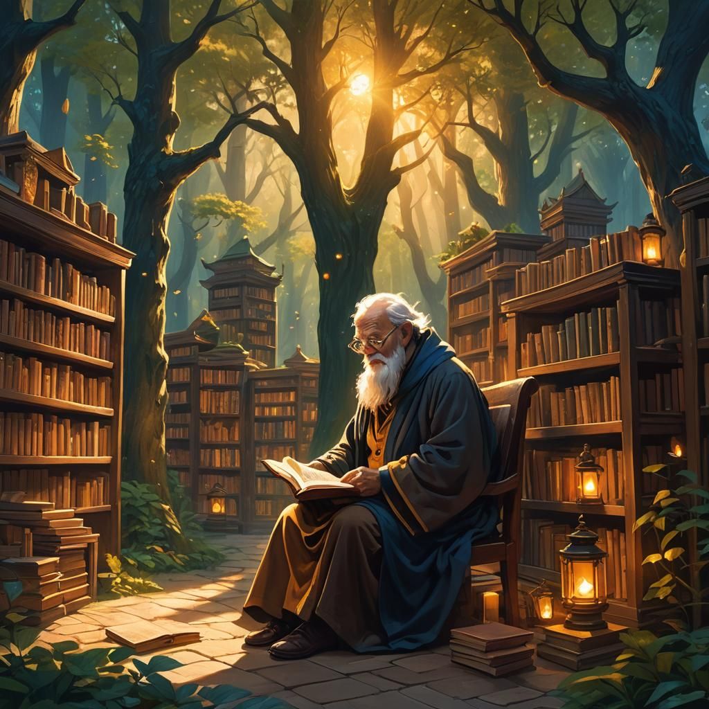 Old guy reading in a library forest pretty sunset  by @Icecream Emily