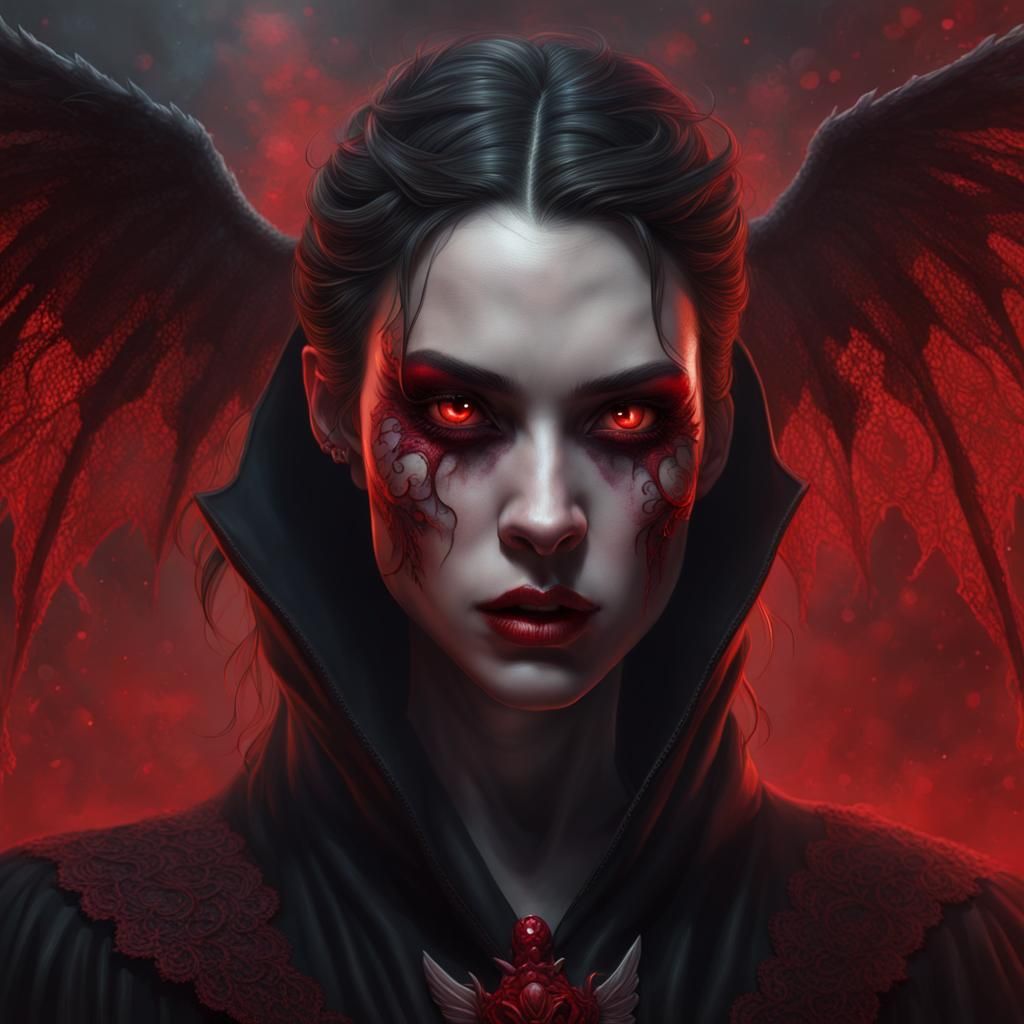 A female vampire wearing black robes with red details in a d...