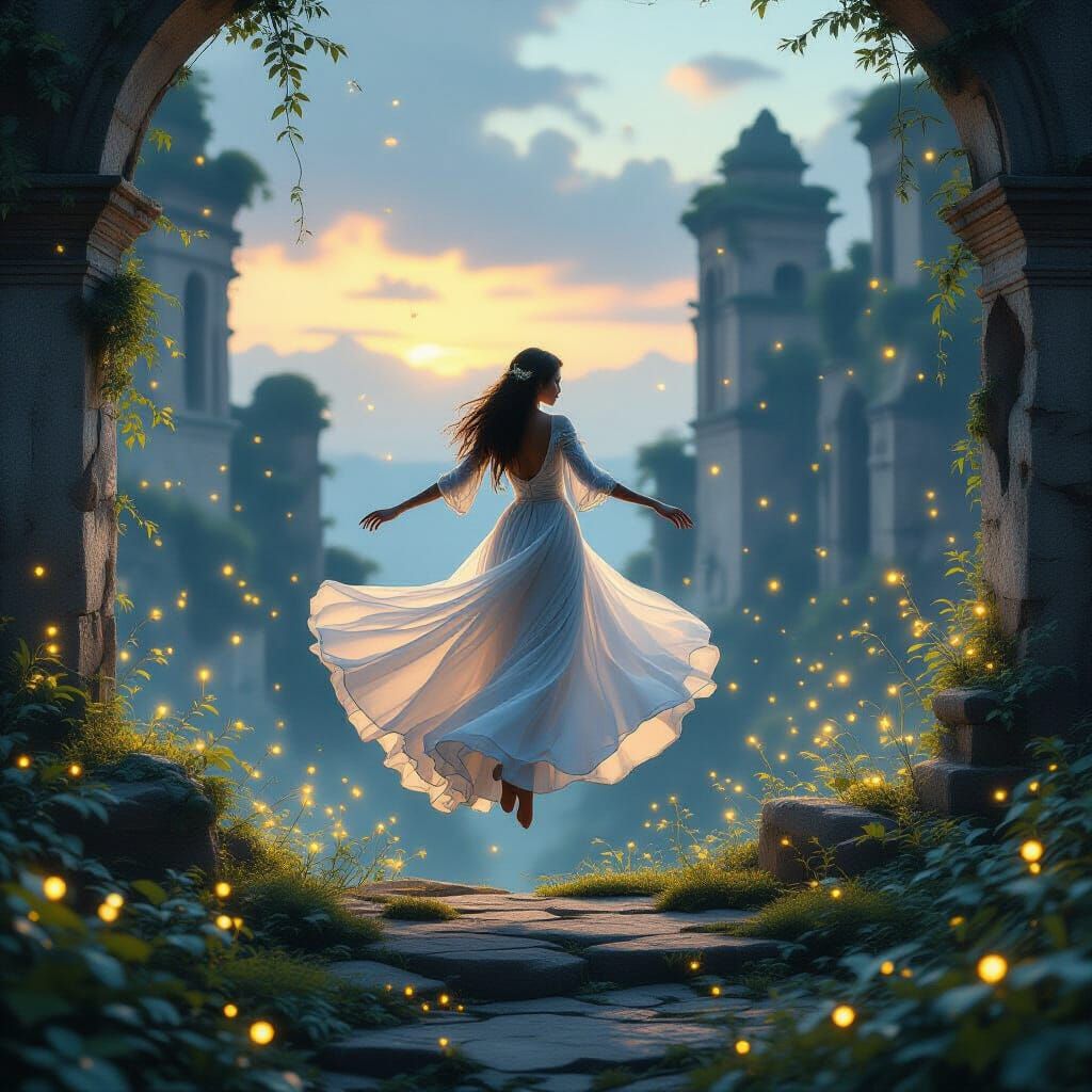 A solitary dancer in a flowing, ethereal gown, suspended mid-air above a vast, ancient ruin overgrown with luminous flora. The scene is bath...