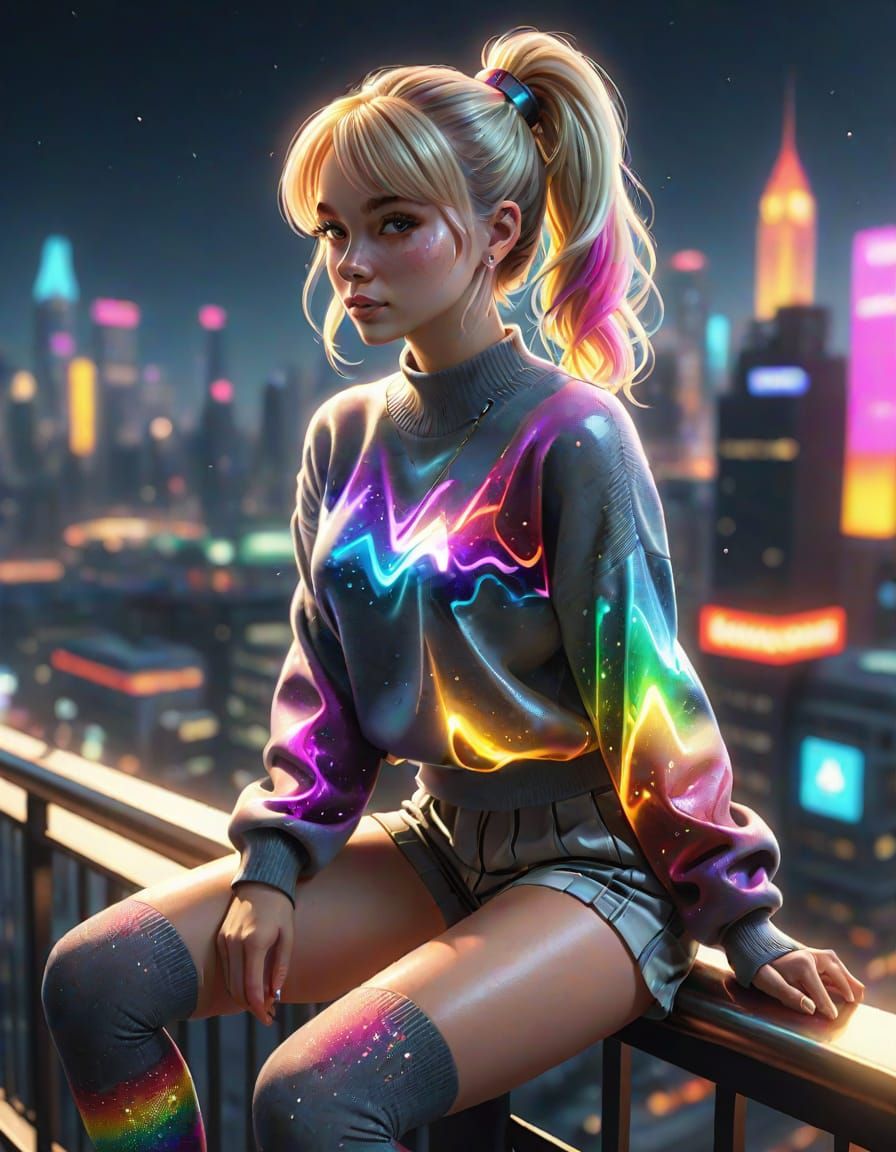 top view, high-resolution digital photo, real background: a night city with multicolored rainbow lights, a beautiful girl sitting on a metal...