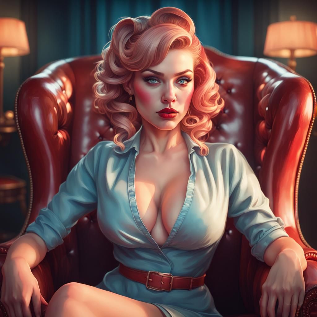 pinup girl, makeup, sitting, beautiful armchair