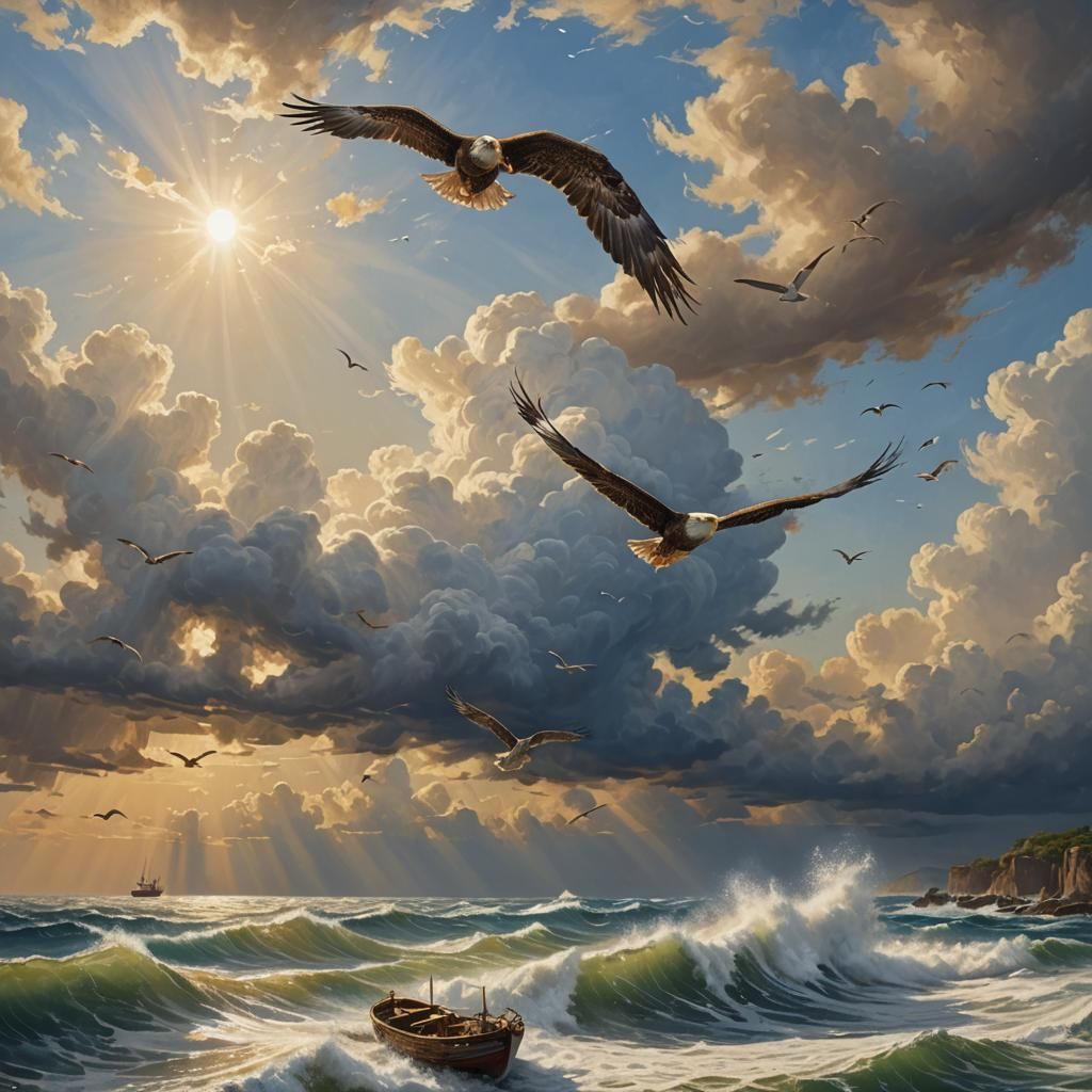 A little eagle is flying beyond the clouds over a brown fish...