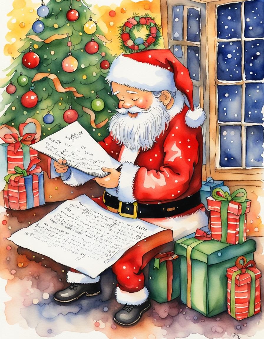 Whimsical Christmas Scene in Deep Watercolor and Ink
