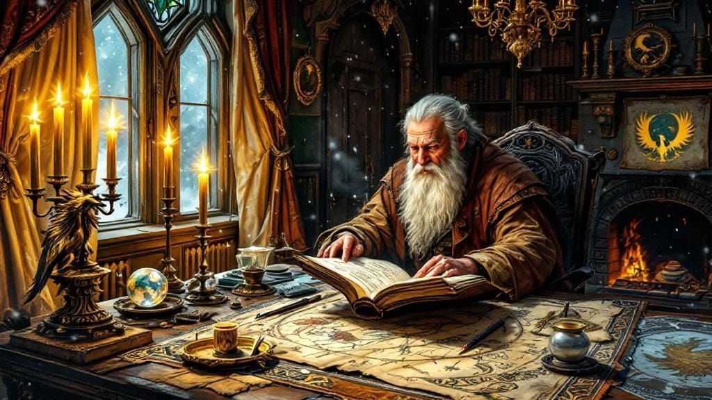 Wide-angle Photonealistic view at night looking over the left shoulder of an old wizard who is reading an ancient parchment large manuscript...