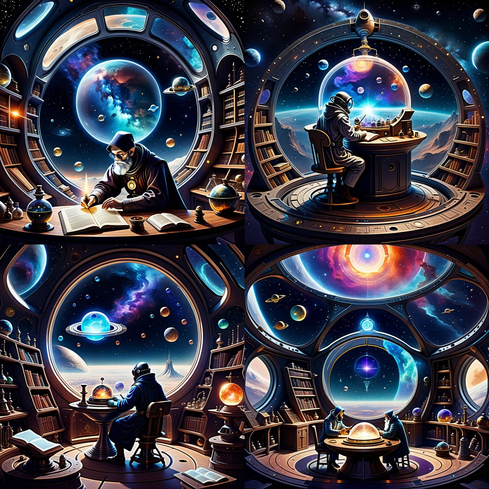 Alchemist studying alchemy in a space ship in space, with a ...