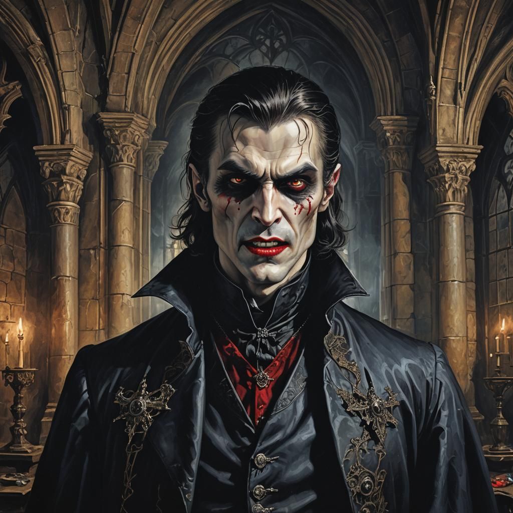 A vivid, portrait of a vampire with distinct vampire feature...