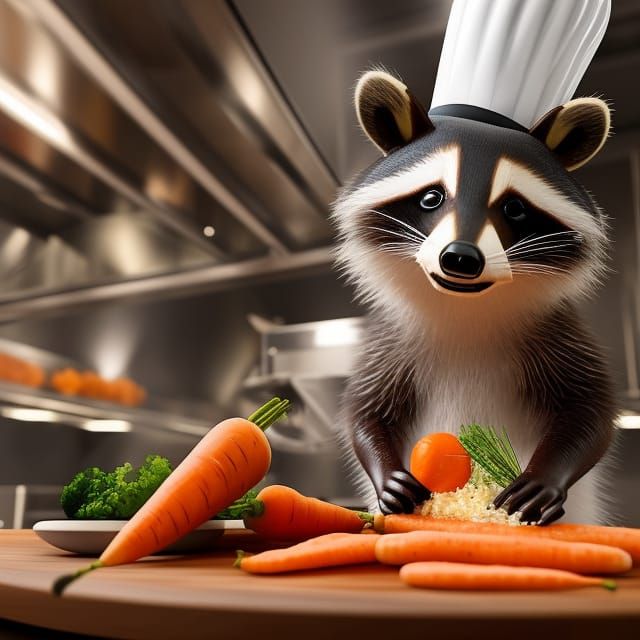 A detailed raccoon wearing chef hat cutting carrots in the kitchen of a ...