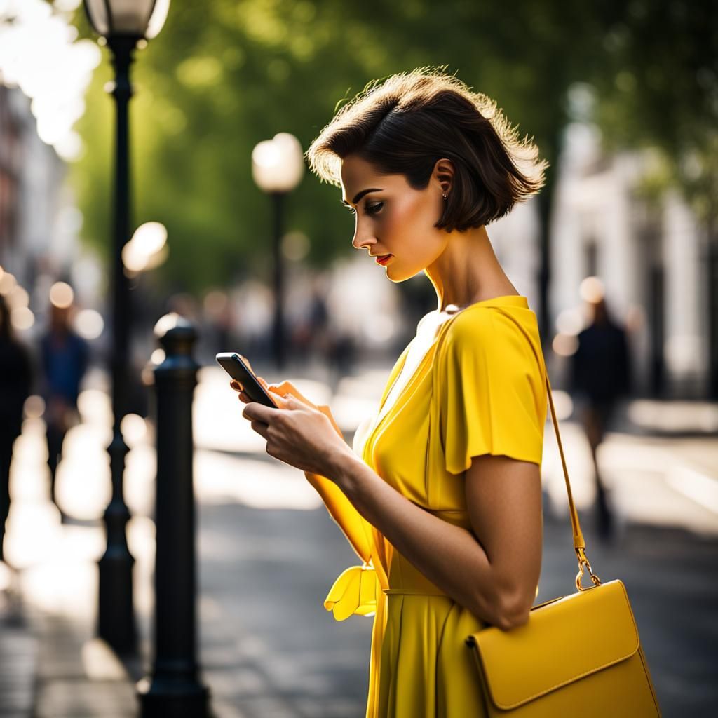 Woman in Yellow Dress Checking Phone, London Street