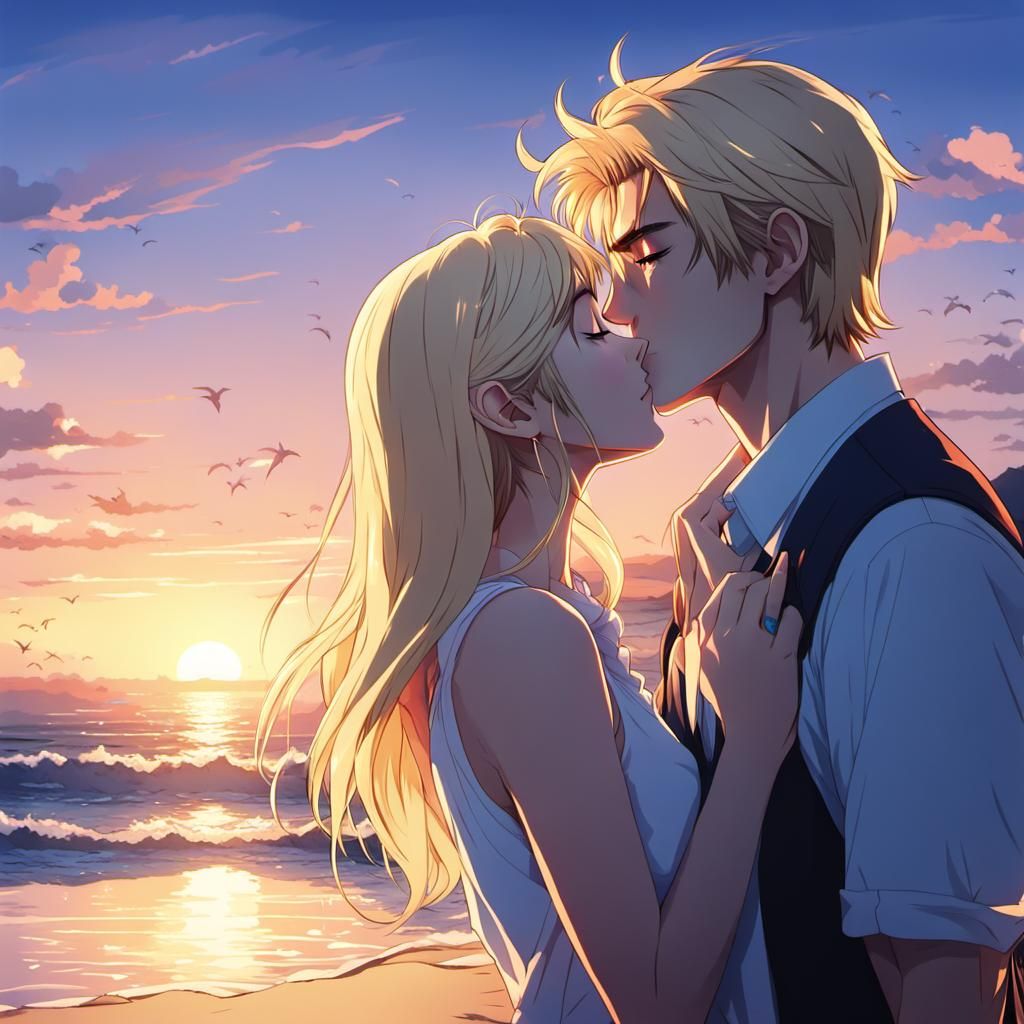 a blonde hair girl and her boyfriend kissing on the beach in the sunset.  Masterpiece, Best Quality, flat, Manga Scan, Anime, cinematic light... - AI  Generated Artwork - NightCafe Creator