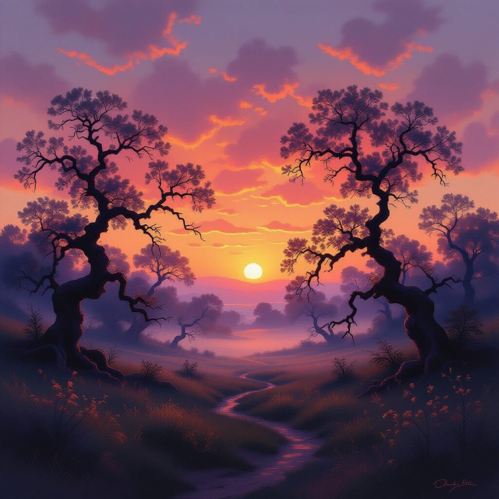 Ethereal Sunset Landscape with Ancient Trees