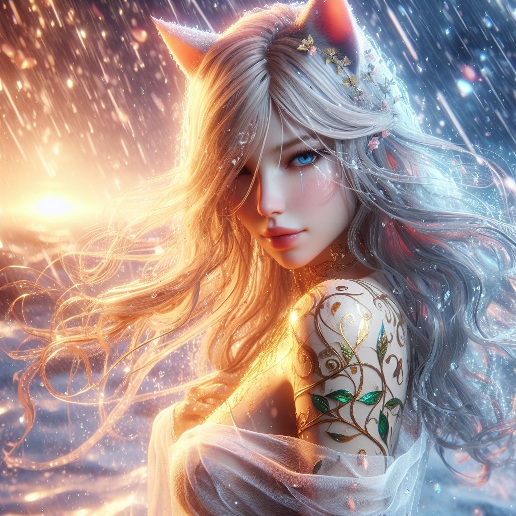 Cat girl in a sunset storm