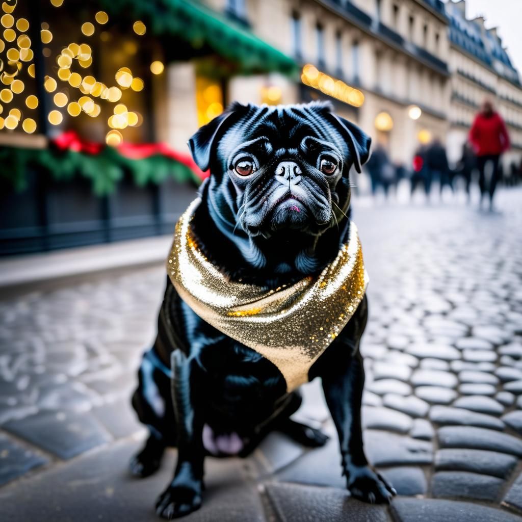 Happy black pug celebrating christmas holidays in paris