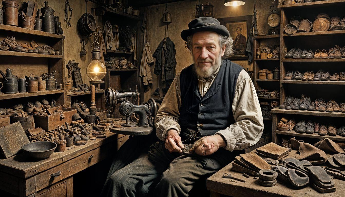 Realistic photo, Rembrandt light, old cobbler in shop, Leibo...