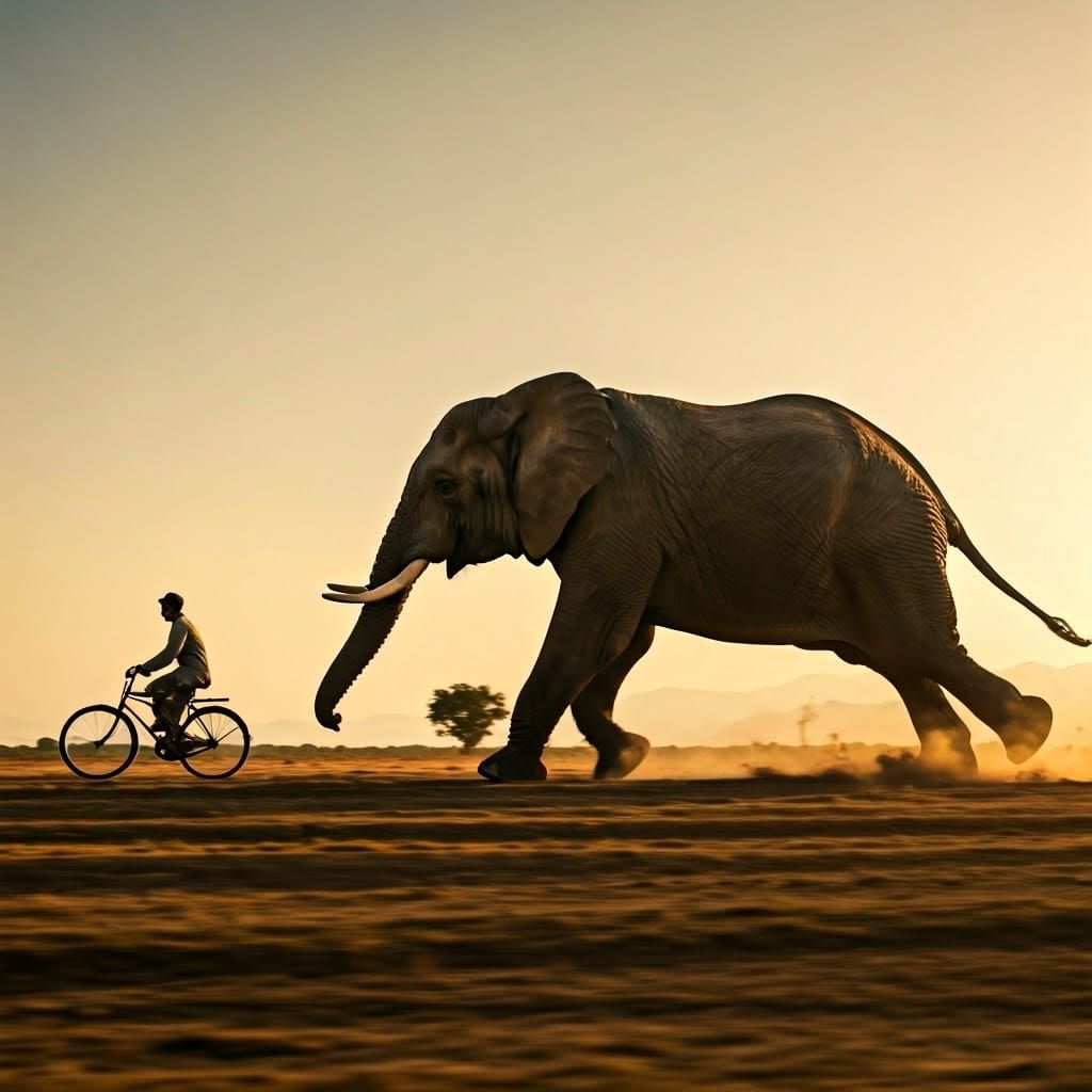Elephant Charges Towards Cyclist in Gritty Film-Style Landsc...
